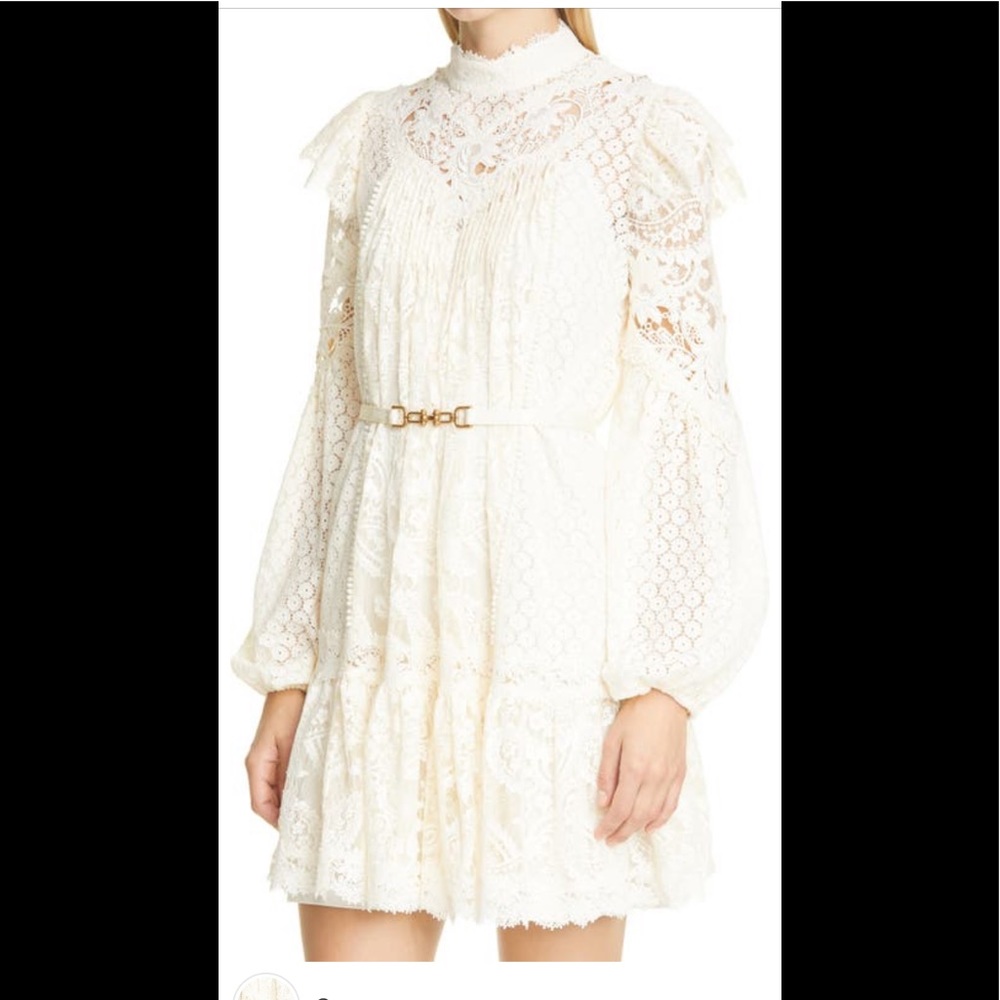 Authentic Zimmermann Concert long sleeve cream textured lace Mini dress belt 12